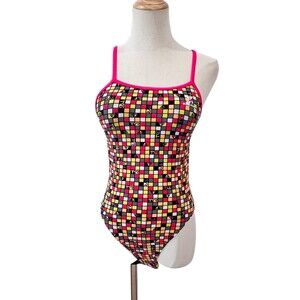 TYR Check Pink One Piece Swimsuit Multicolor Durafast Size 30/XS
